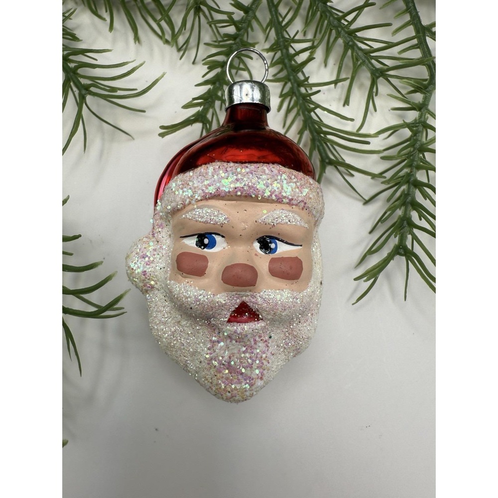 Polish Blown Glass Santa Head Ornament Red Hat Iridescent Glitter 4.5"